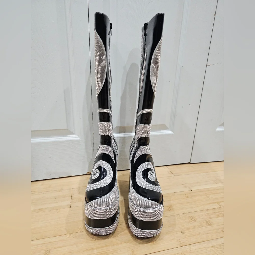Dolls Kill Current Mood How Sweet It Is Platform Rhinestone Swirl Black Boots 8 - Picture 5 of 16